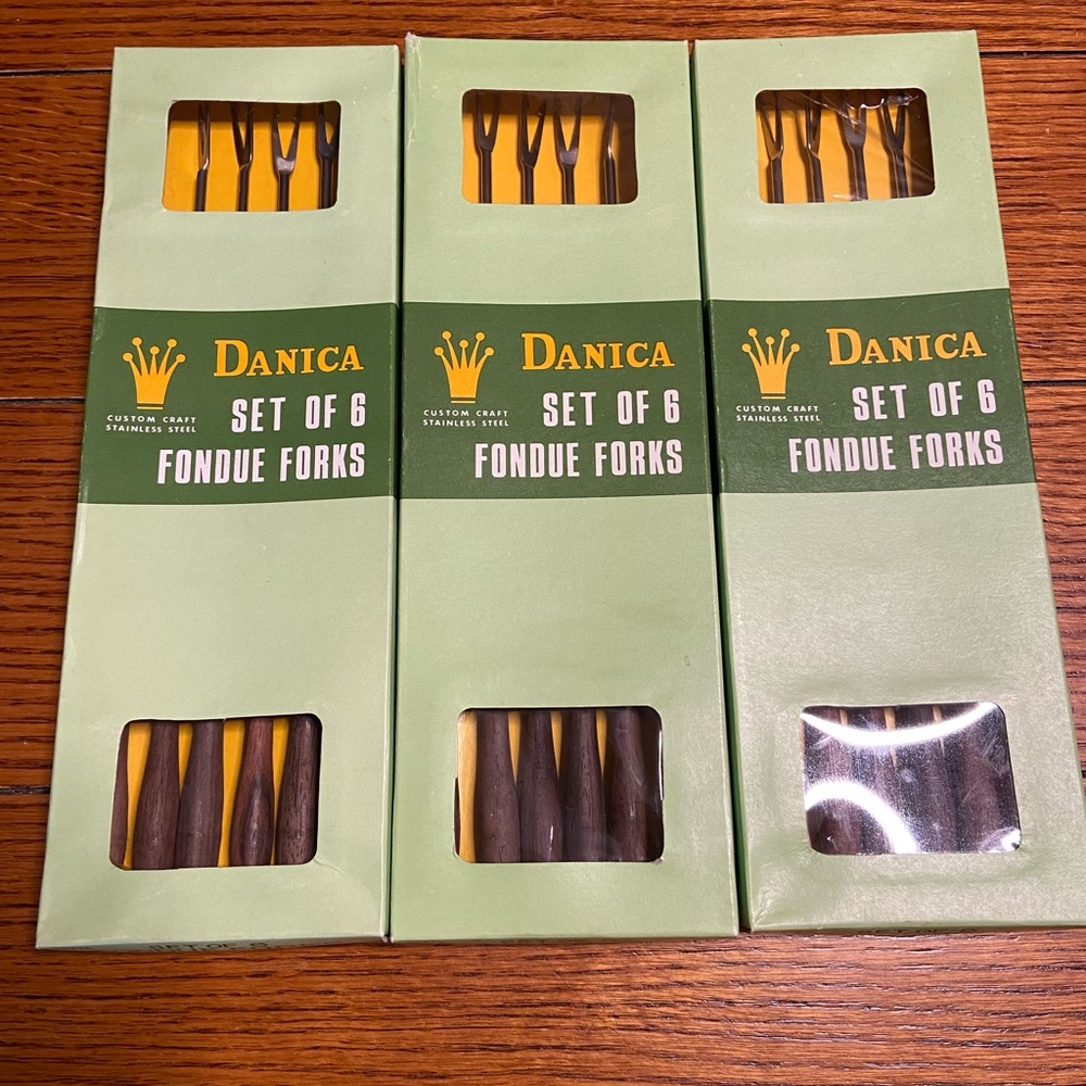 Vintage Danica Fondue Forks 3boxes 6 per box Stainless Steel Wood Handle